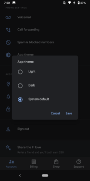 Google Fi tema oscuro estrena en la app